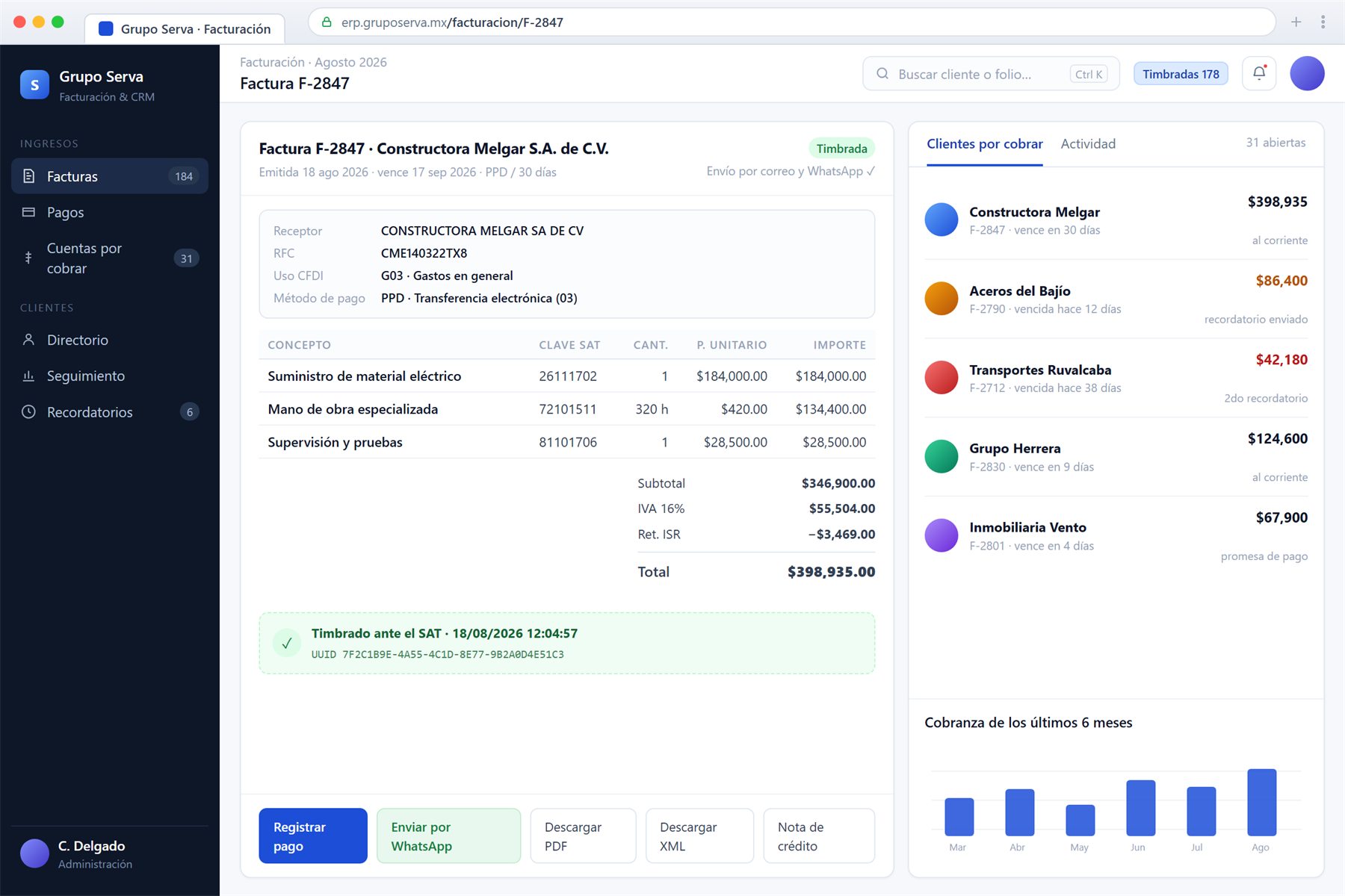 Sistema de facturación y CRM de Grupo Serva
