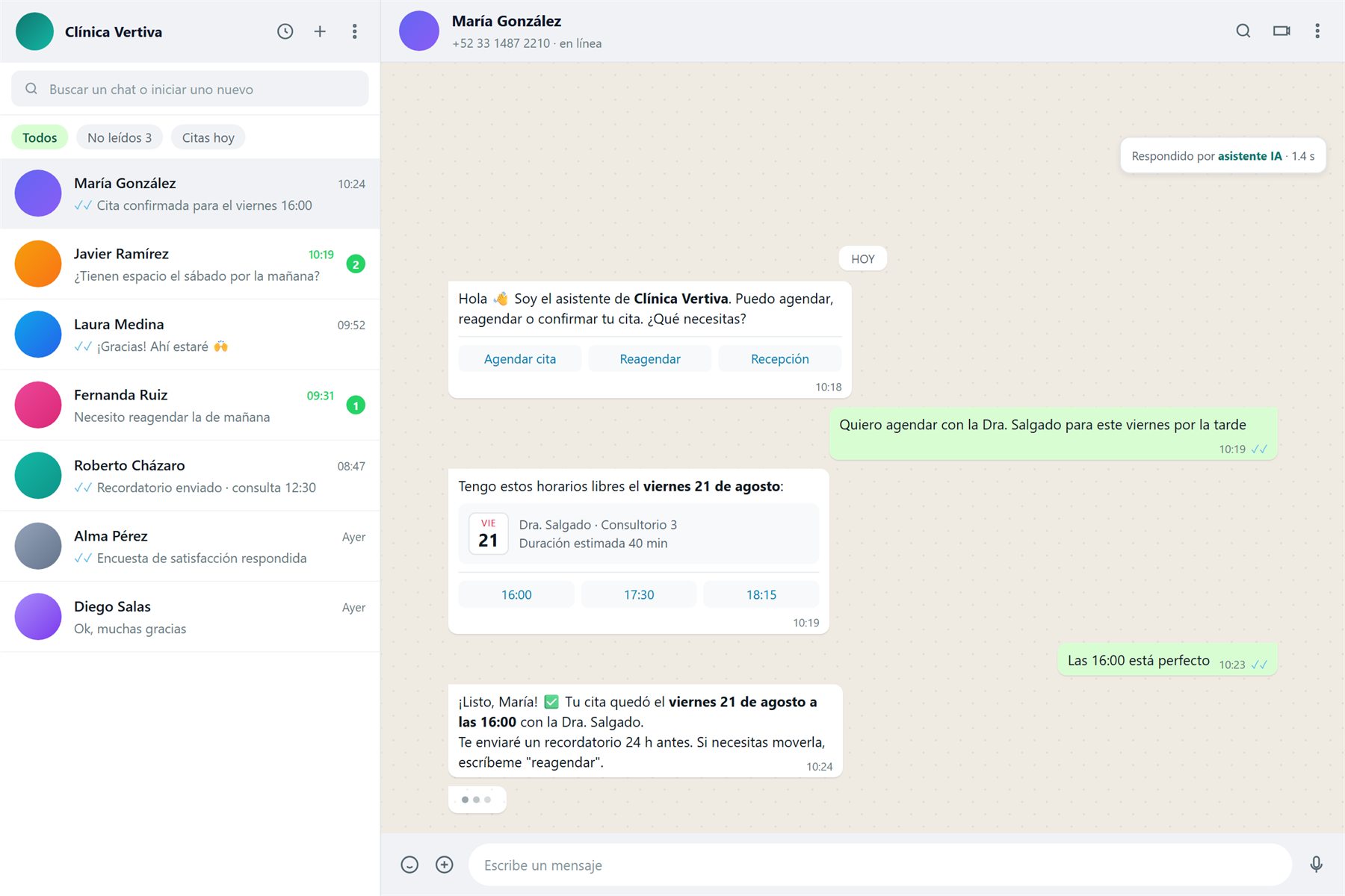 Chatbot de WhatsApp con IA para Clínica Vertiva
